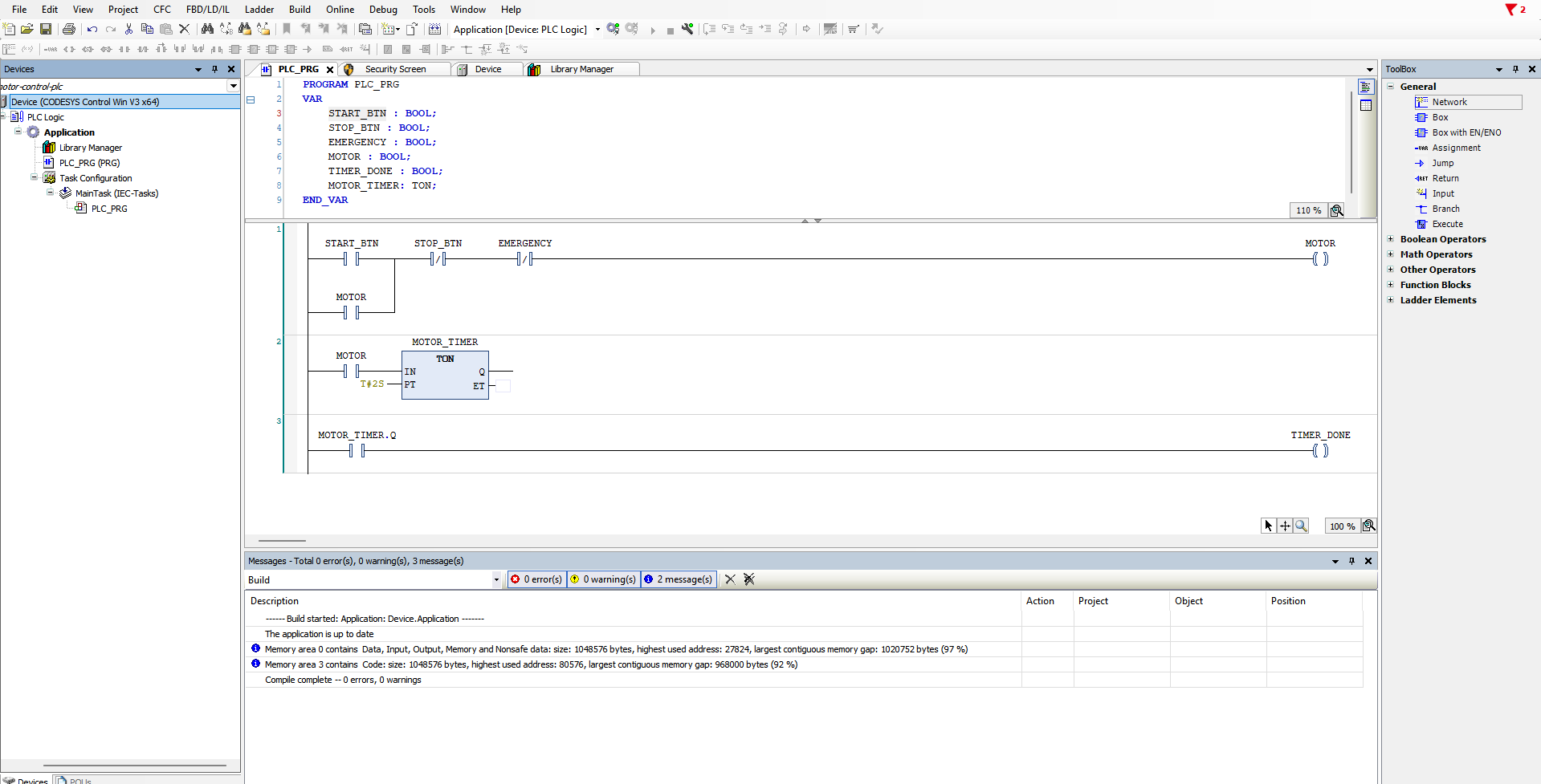 CODESYS Motor Control Ladder Logic Screenshot